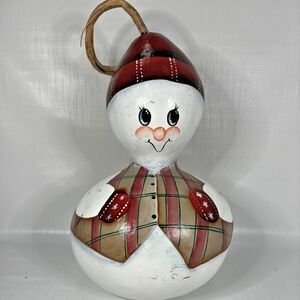 Vintage Snowman Gourd Artist Signed Hand Painted 2002 Folk Art Christmas Holiday